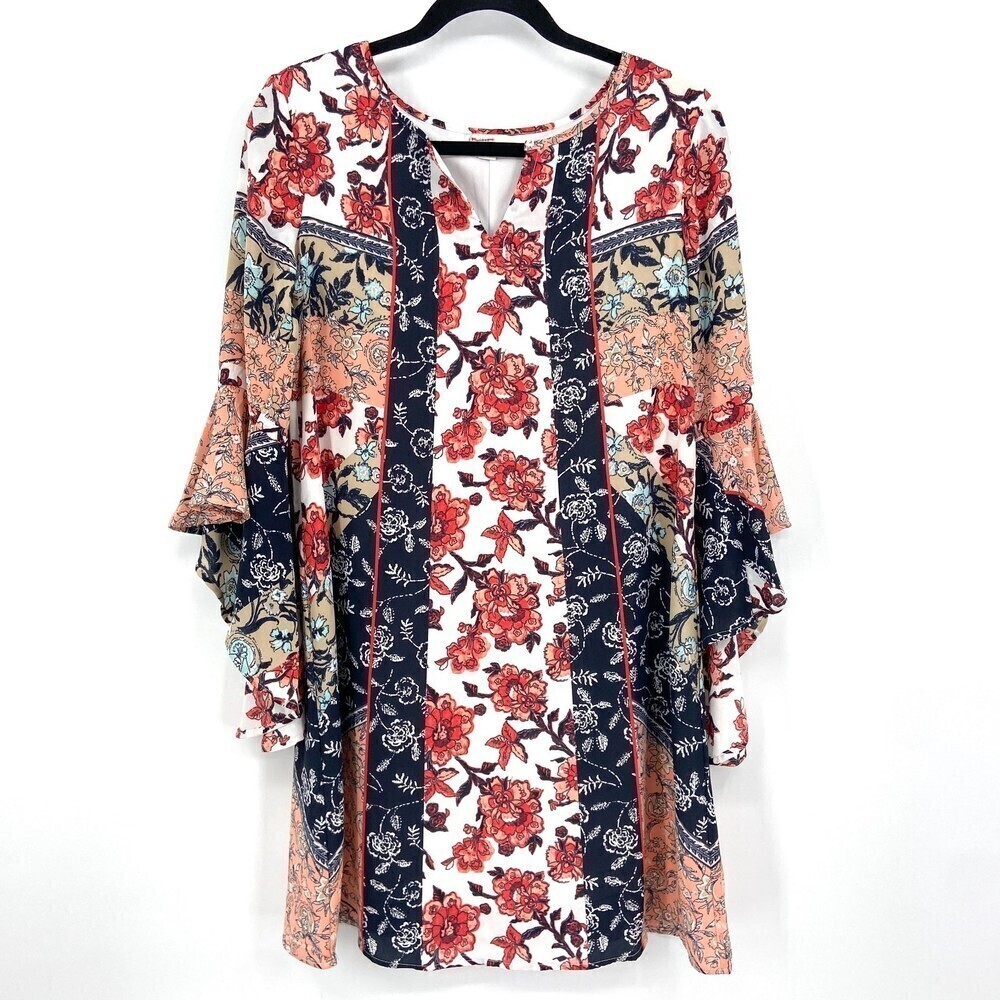 EST. 1946 Red Blue Floral Print Boho Bell Sleeve Shift Dress Size XS